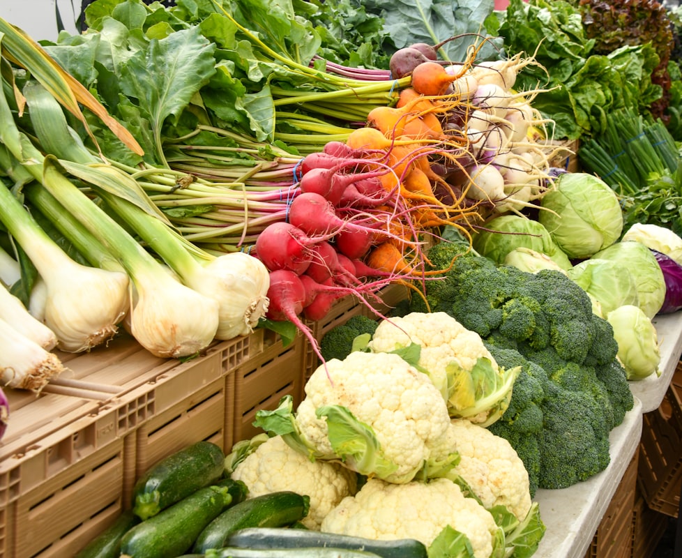 Colorful nutrient-rich foods including vegetables, fruits, nuts and grains arranged on a wooden surface